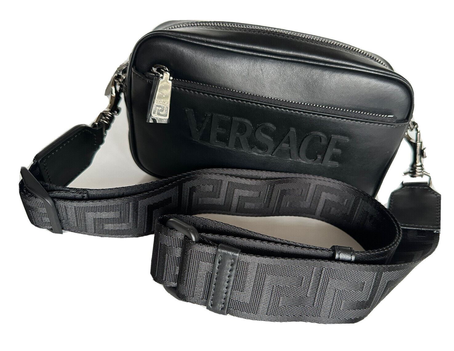 NWT $1000 Versace Injection Logo Men's Calf Leather Crossbody Bag Black 1006180