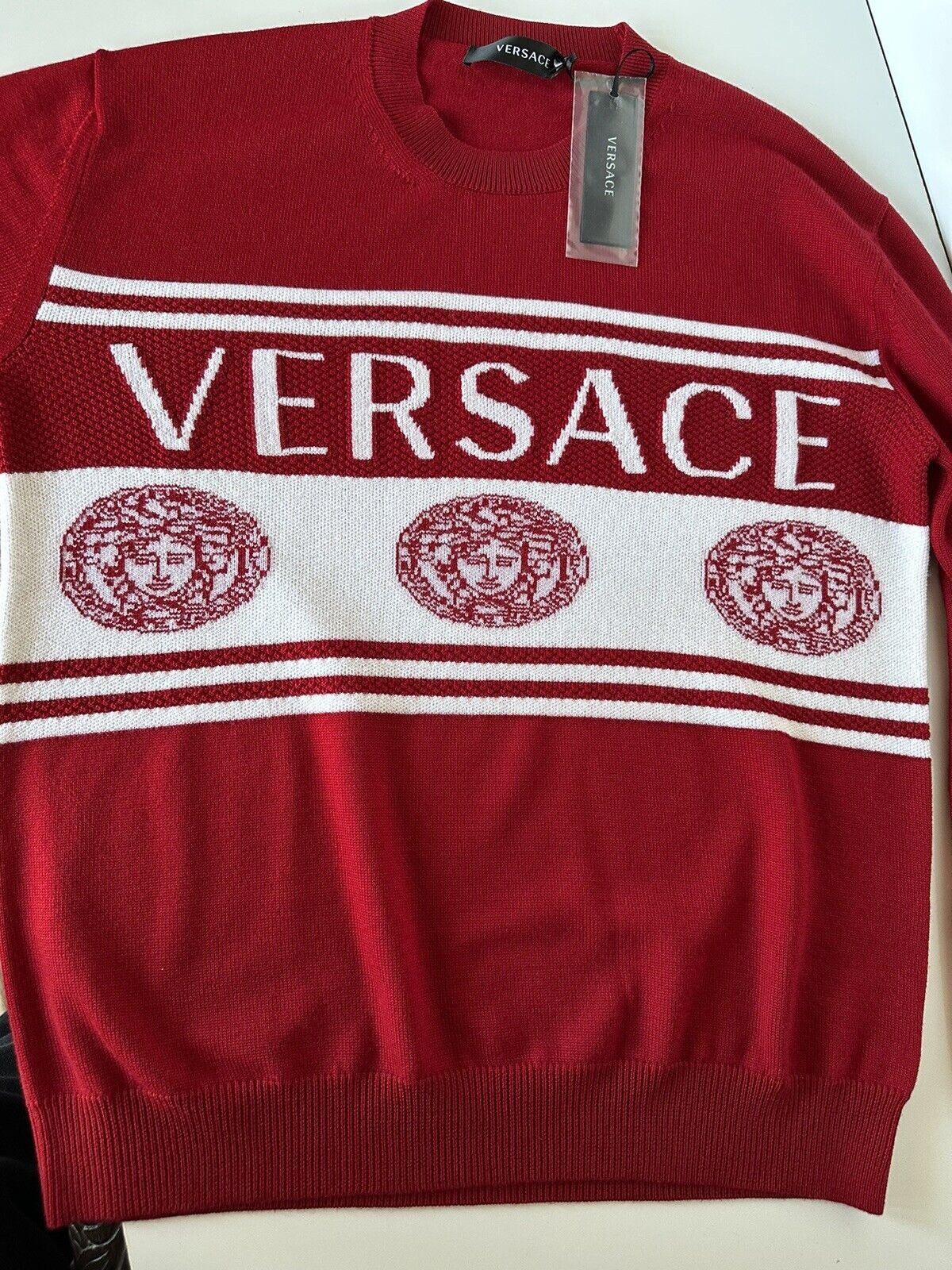 NWT $950 Versace Medusa Logo Wool Knit Sweater Red 52 (XL) Italy 1002719