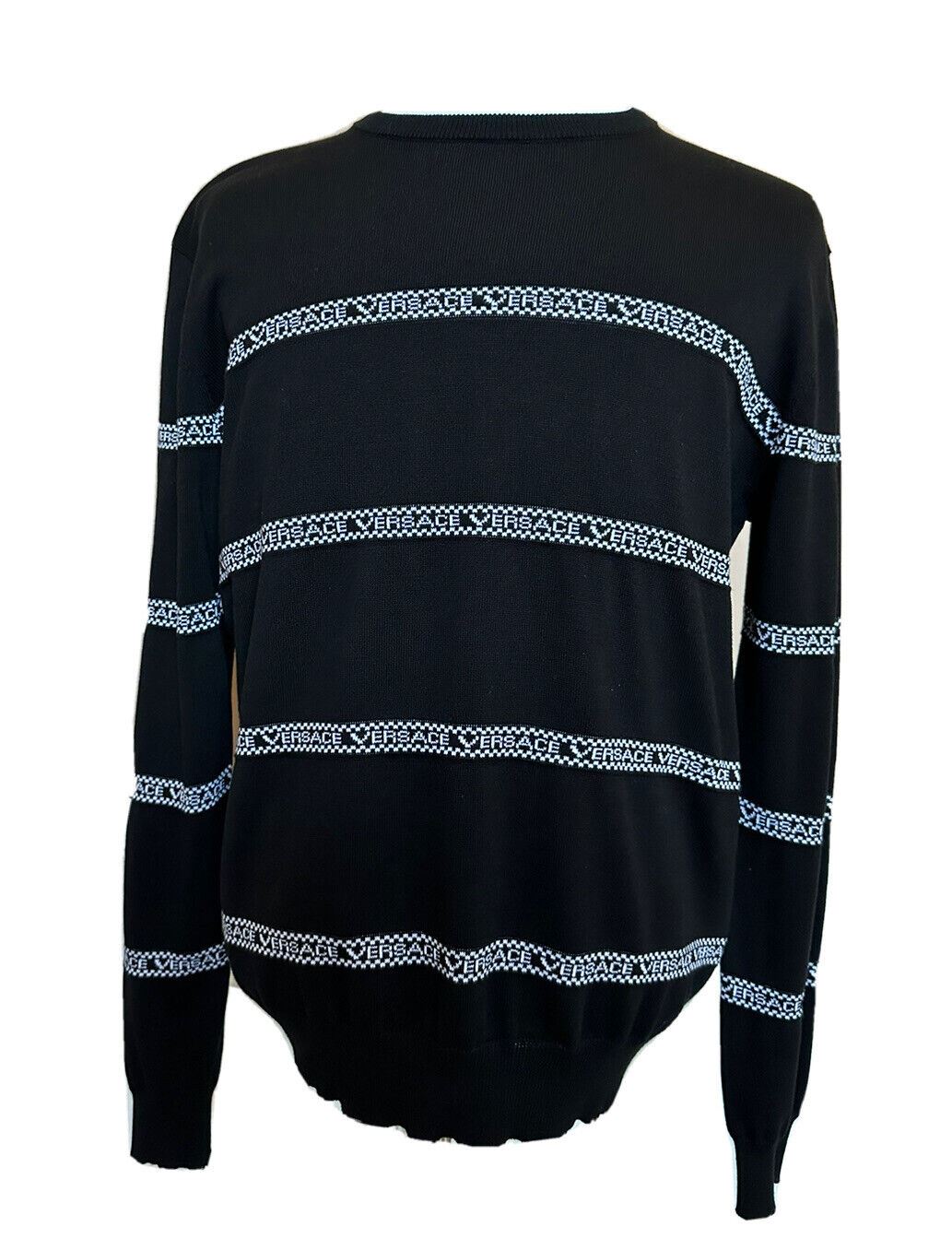 Neu mit Etikett: 850 $ Versace Logo Baumwollstrickpullover Schwarz 50 (Groß) Italien A89468S