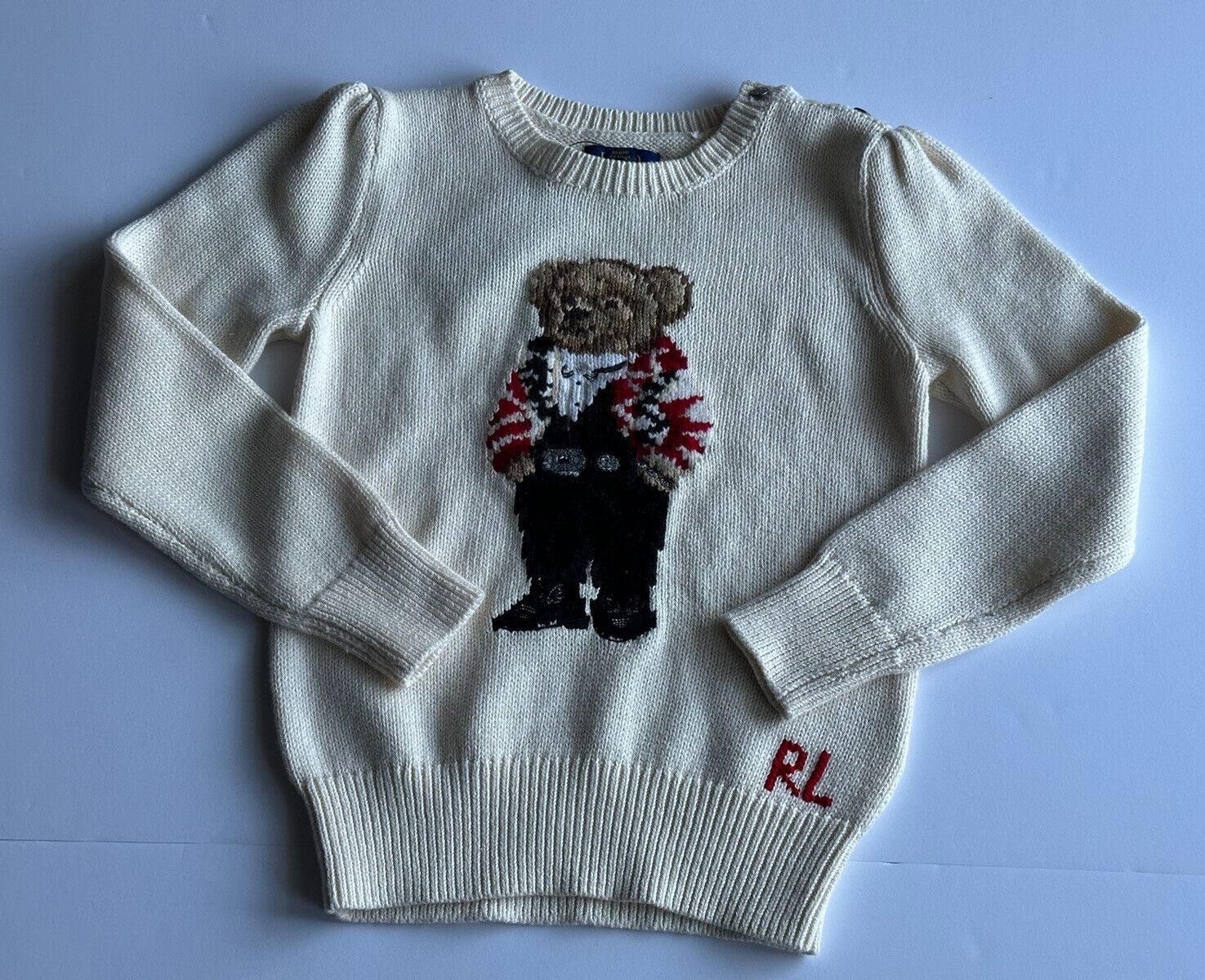 NWT $165 Polo Ralph Lauren Girl's Bear Beige Cotton Sweater  6X