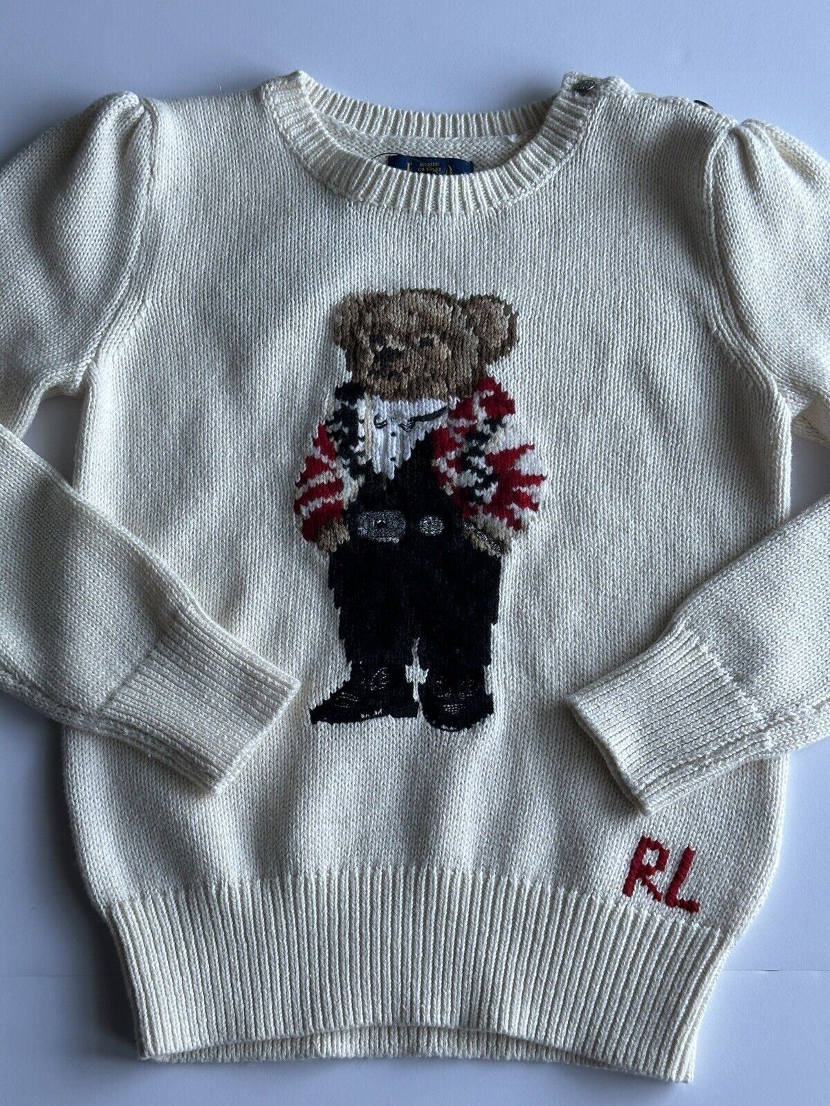 Neu mit Etikett: 165 $ Polo Ralph Lauren Mädchen-Baumwollpullover mit Bärenmotiv in Beige, Größe 6X 