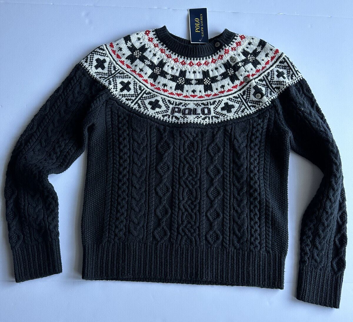 NWT $165 Polo Ralph Lauren Girls Black Cotton/Wool Sweater Size L (12-14)