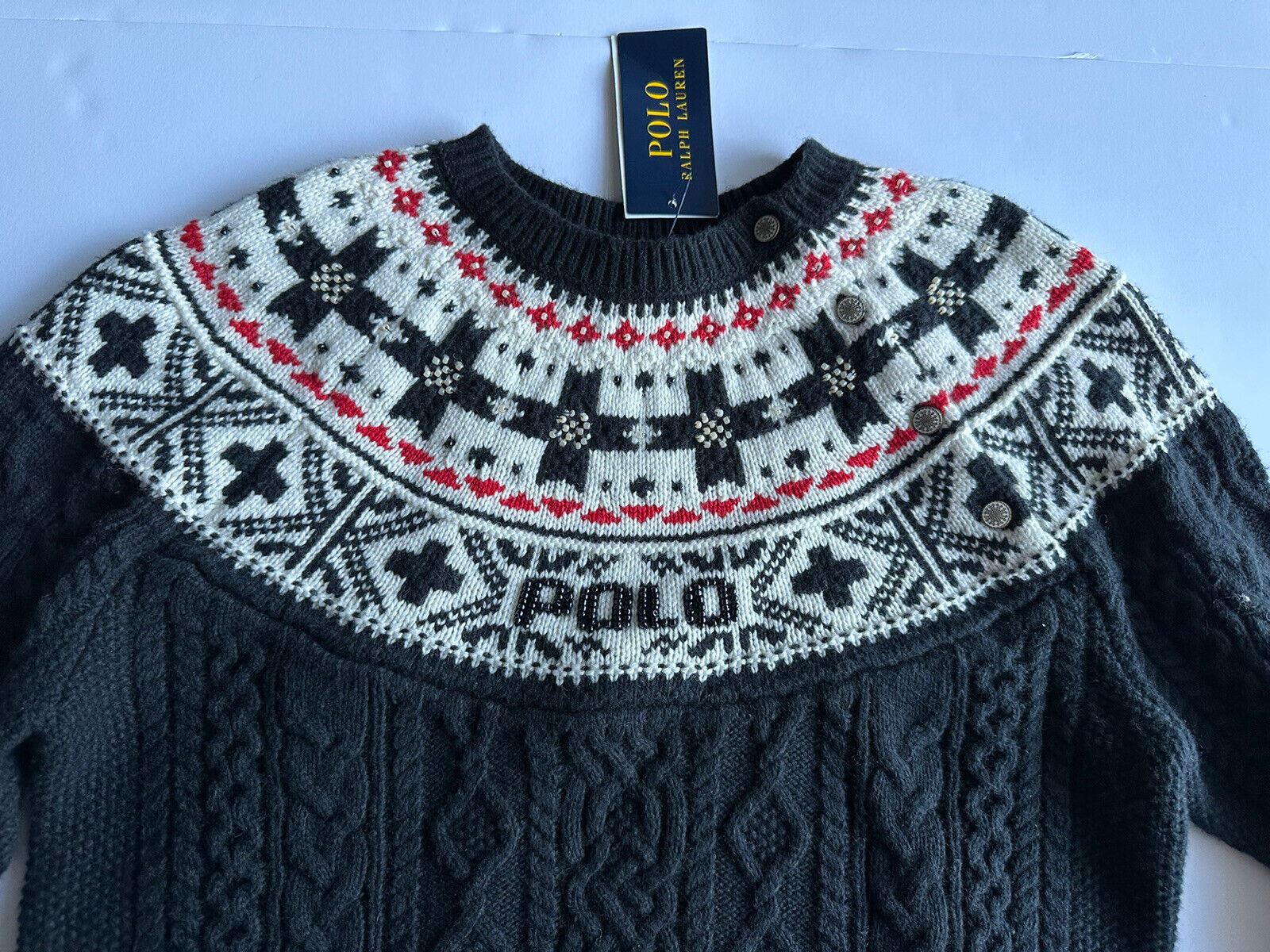 Neu mit Etikett: 165 $ Polo Ralph Lauren schwarzer Baumwoll-/Wollpullover für Mädchen, Größe L (12–14) 