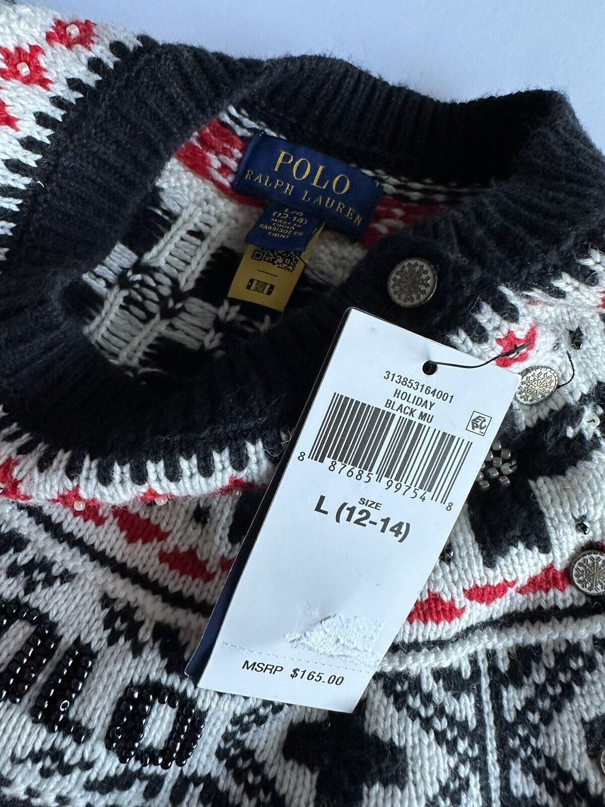 СЗТ 165 долларов Polo Ralph Lauren, черный хлопково-шерстяной свитер для девочек, размер L (12–14) 
