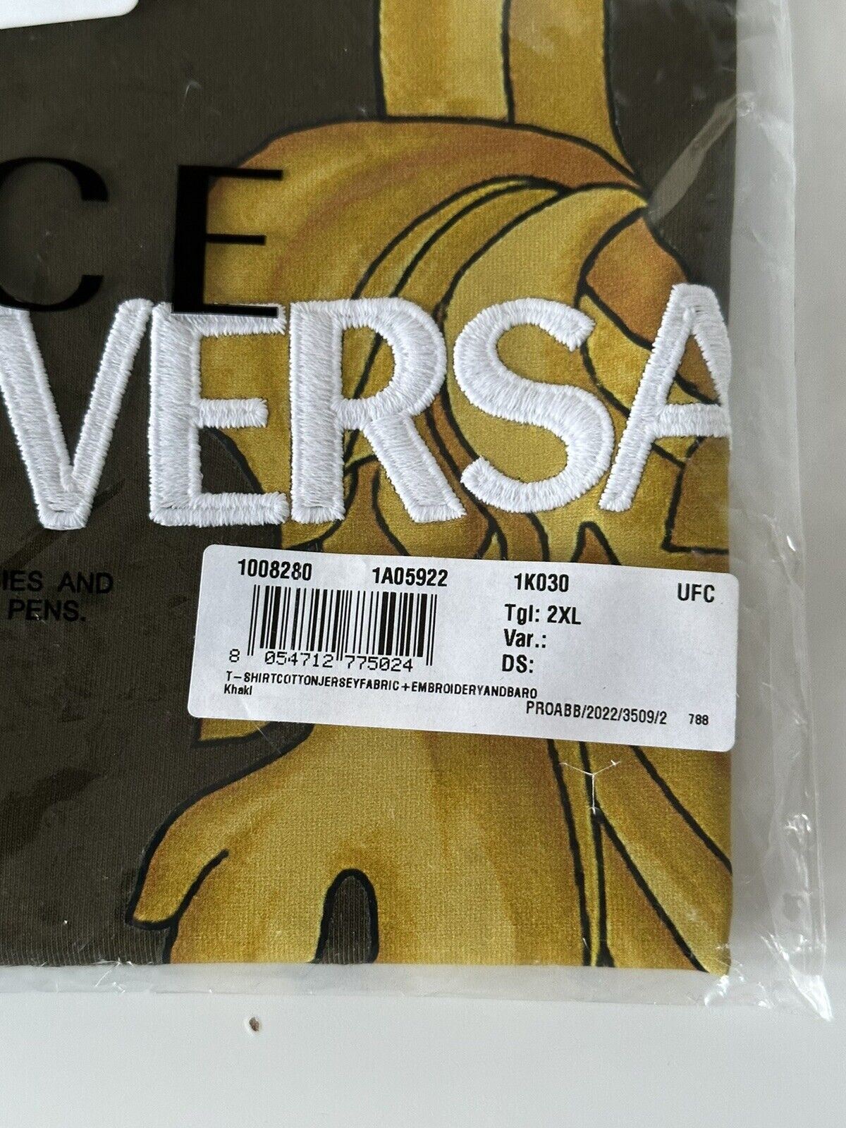 Neu mit Etikett: Versace gesticktes Versace-Logo, Khaki-Jersey-T-Shirt 2XL 1008280