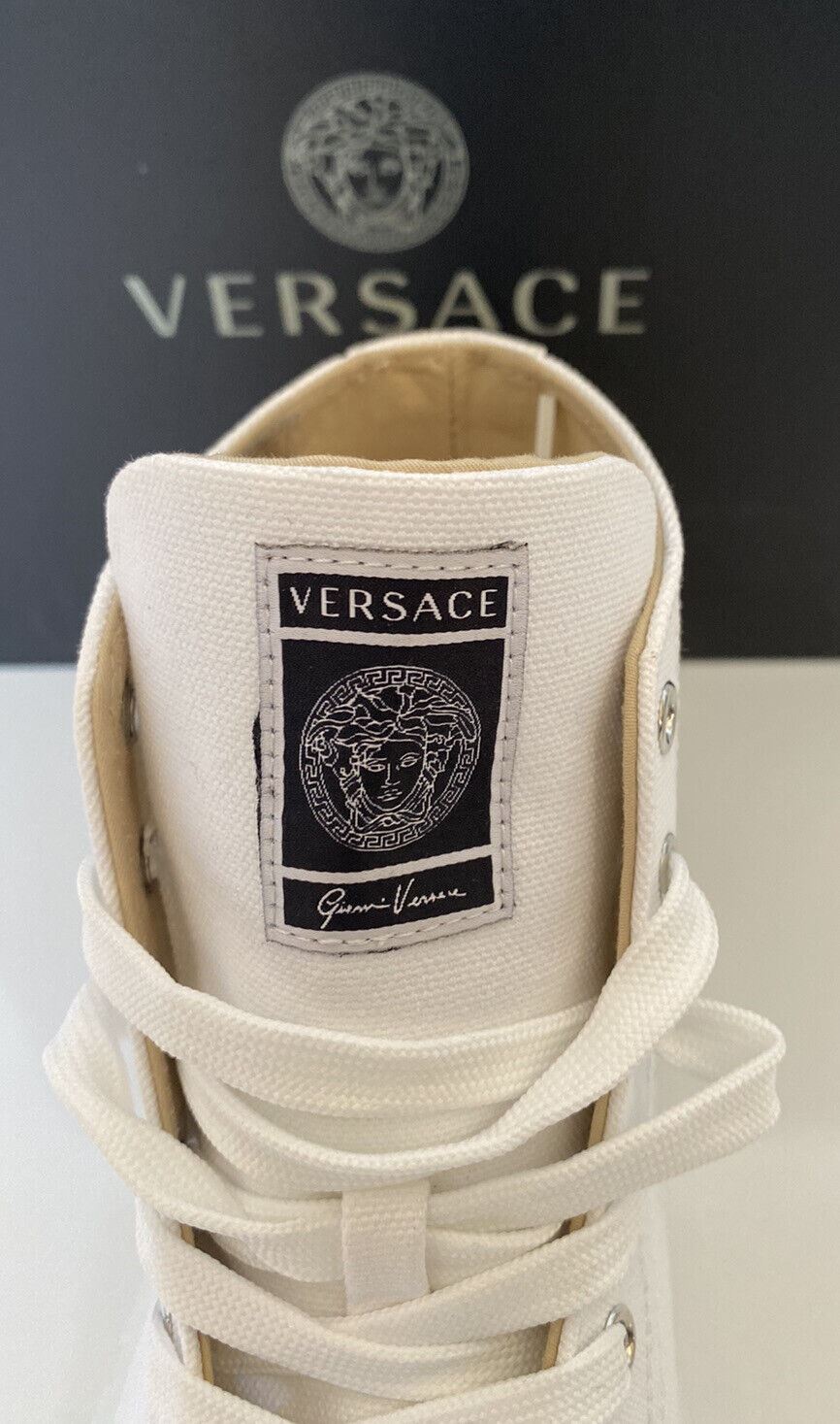 NIB Versace Белые палладиевые высокие кеды из парусины 10,5 США (43,5 евро) DSU8403 