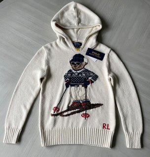 Neu mit Etikett: 165 $ Polo Ralph Lauren Jungen-Pullover aus Baumwolle/Wolle in Beige mit Bärenmotiv und Kapuzenpullover 4 