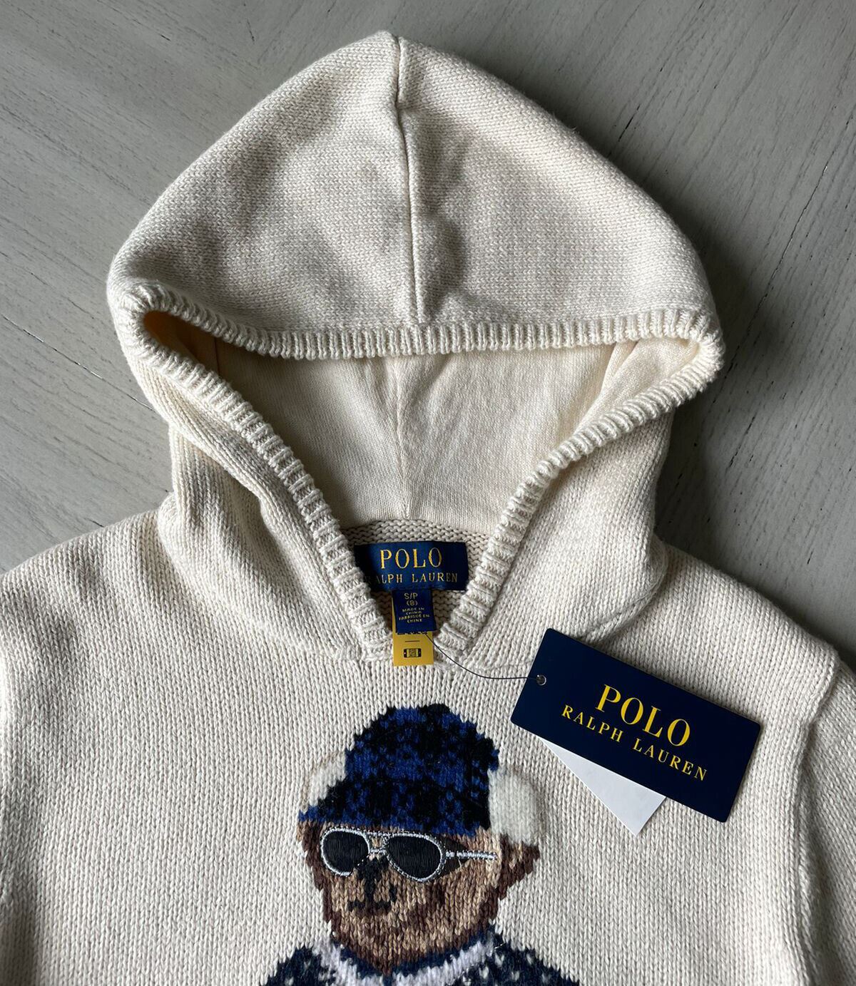 Neu mit Etikett: 165 $ Polo Ralph Lauren Jungen-Pullover aus Baumwolle/Wolle in Beige mit Bärenmotiv und Kapuzenpullover 4 