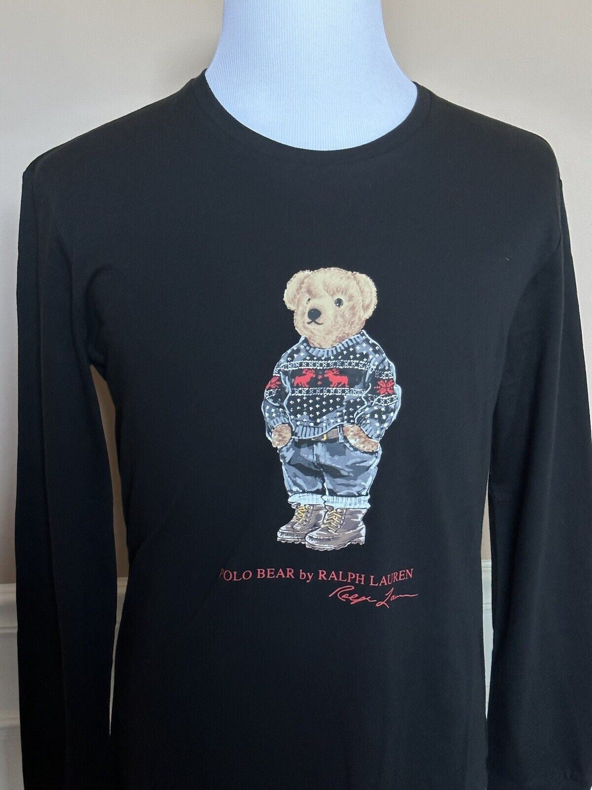 Neu mit Etikett: 79,50 $ Polo Ralph Lauren Langarm-T-Shirt mit Bärenmotiv, Schwarz, Größe M 