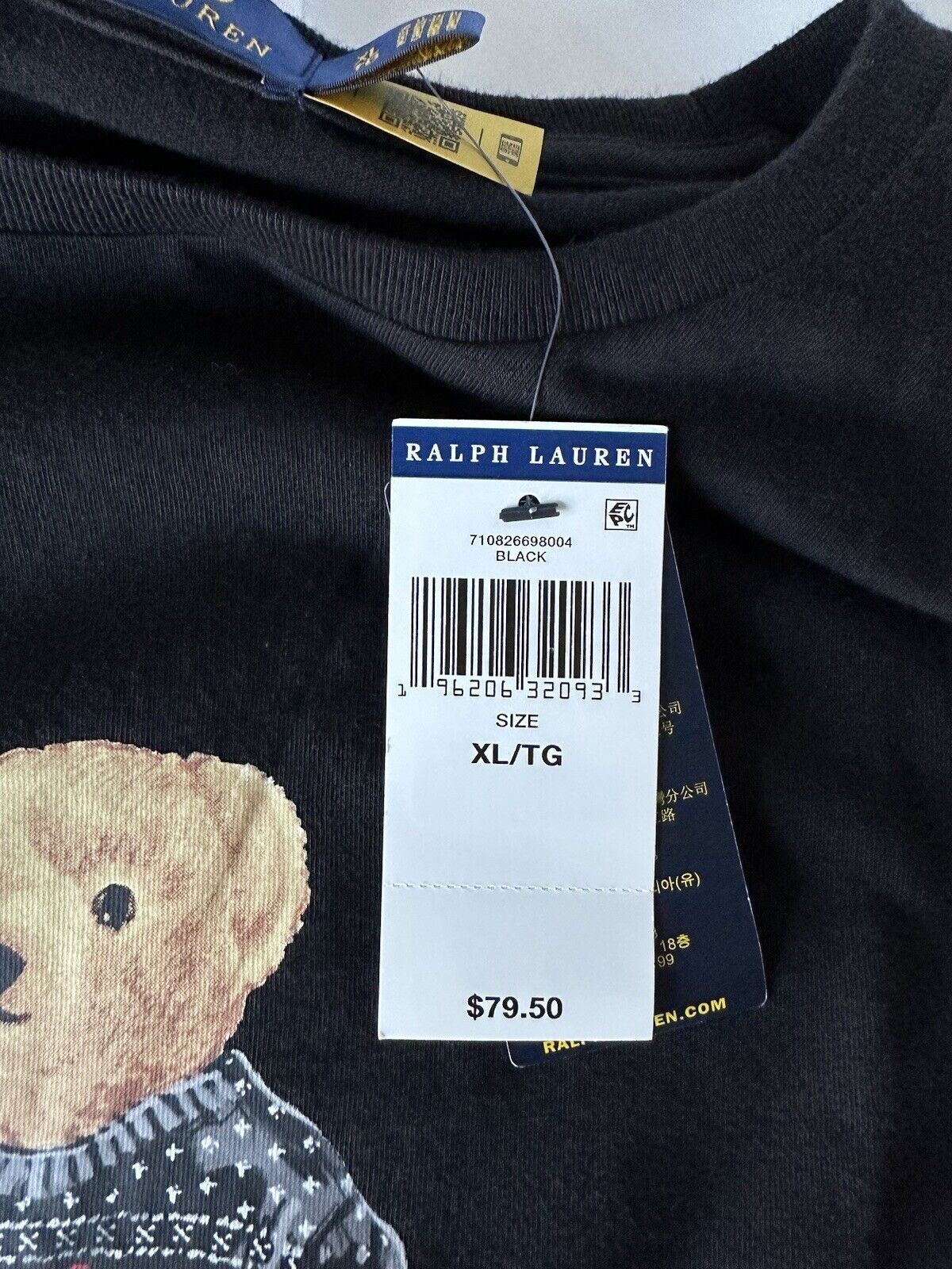 Neu mit Etikett: 79,50 $ Polo Ralph Lauren Langarm-T-Shirt mit Bärenmotiv, Schwarz, XL 