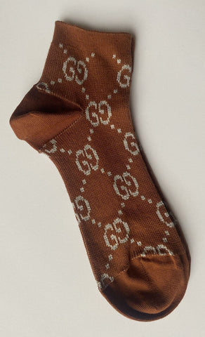 NWT Gucci Mini Greek Interlocking GG Silver/Brown Socks Small (Size 8) 631451