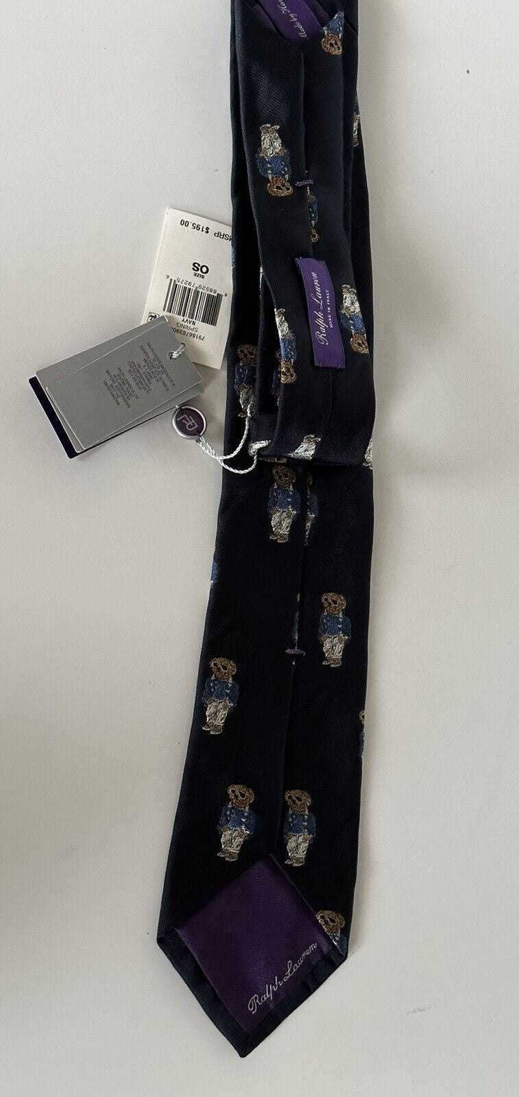 Neu mit Etikett: 195 $ Ralph Lauren Purple Label Bären-Krawatte, 100 % Seide, handgefertigt, Italien, Blau 