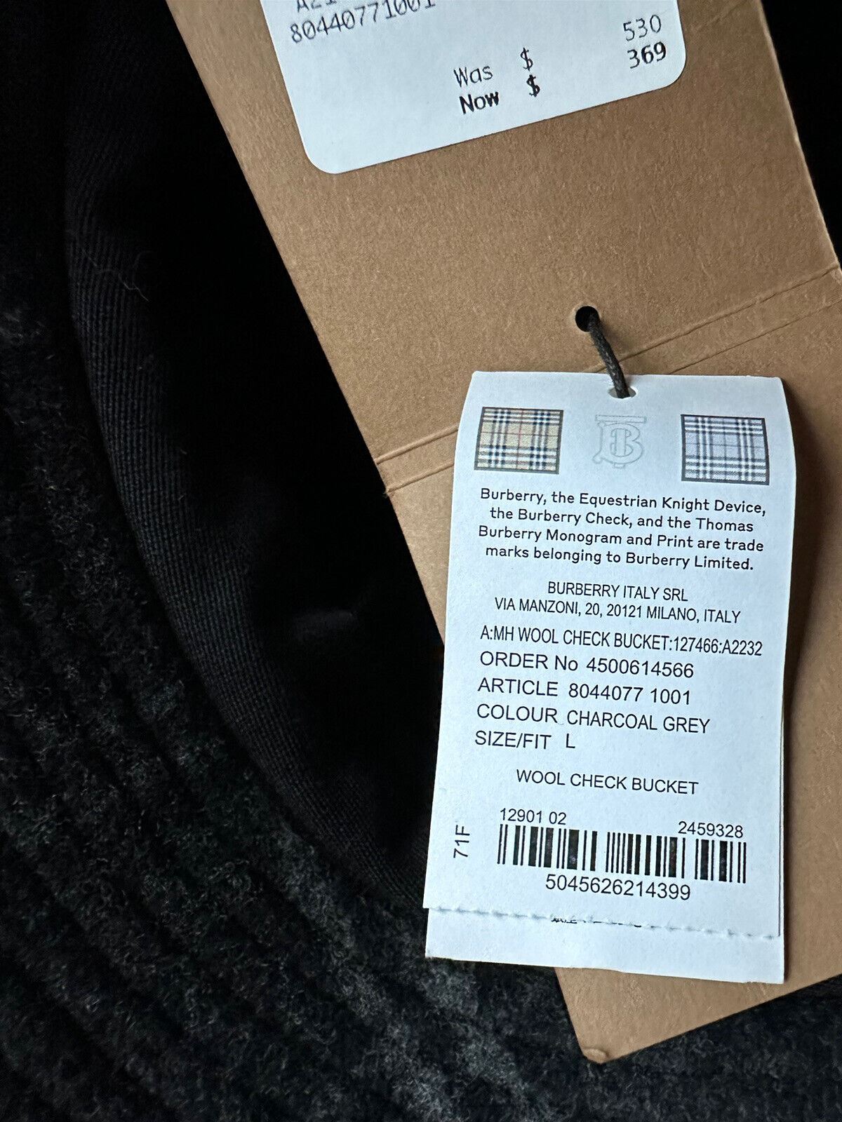NWT $530 Burberry Check Bucket Hat Wool/Cashmere Black L (59 Euro) 8044077 Italy