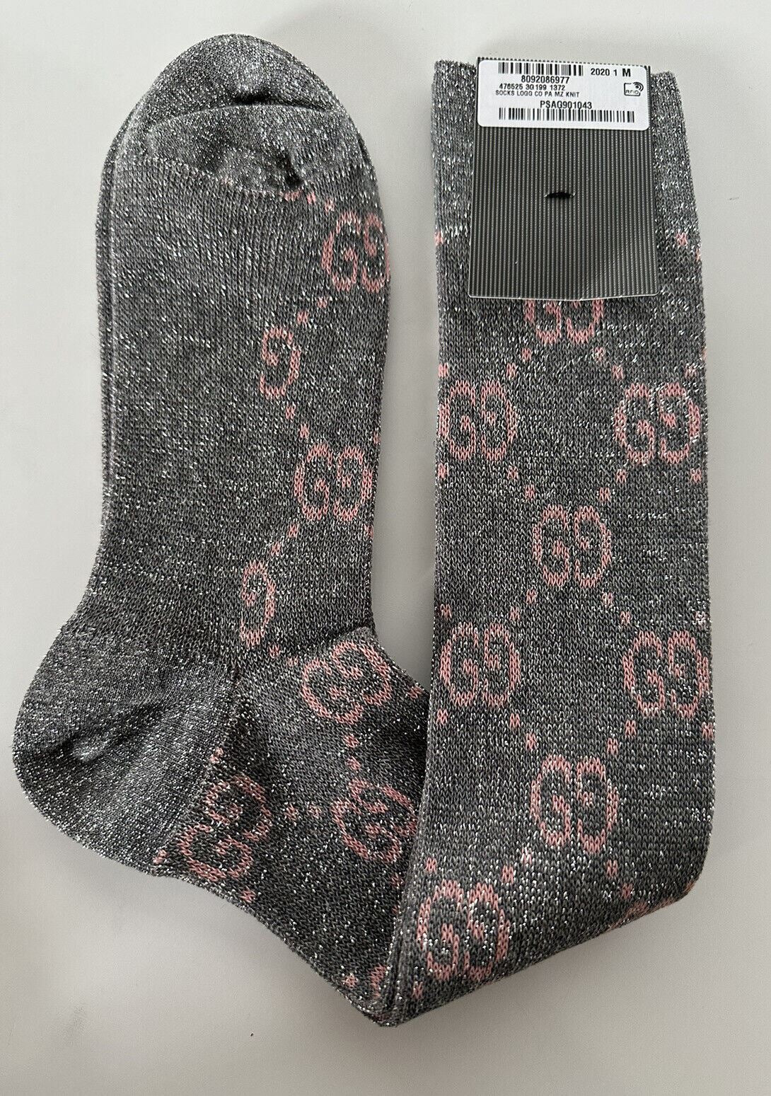 NWT Gucci Greek Interlocking GG Silver/Pink Metallic knee Hight Socks 476525