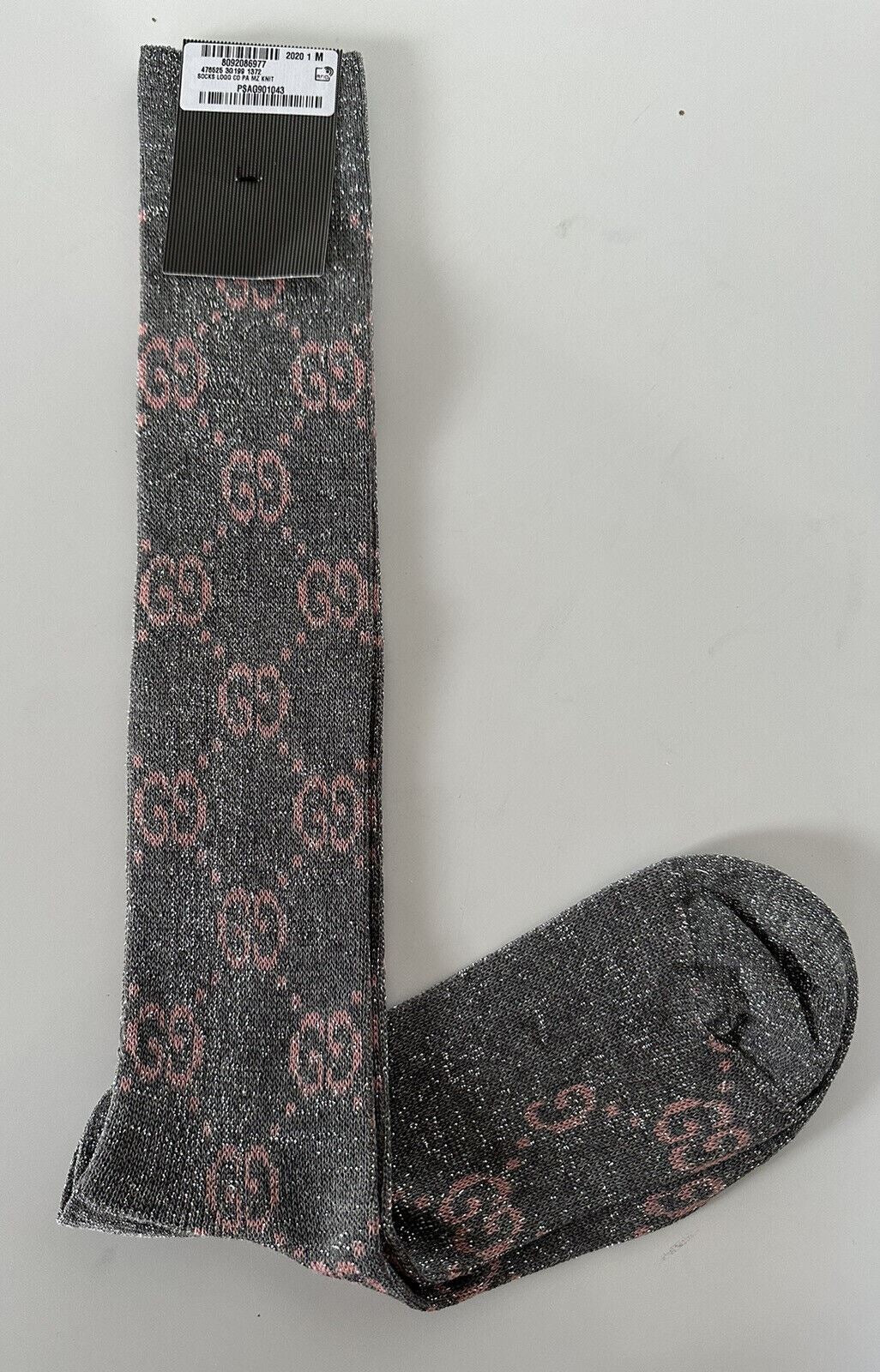 NWT Носки до колена Gucci с греческим узором GG серебристого/розового цвета металлик 476525 
