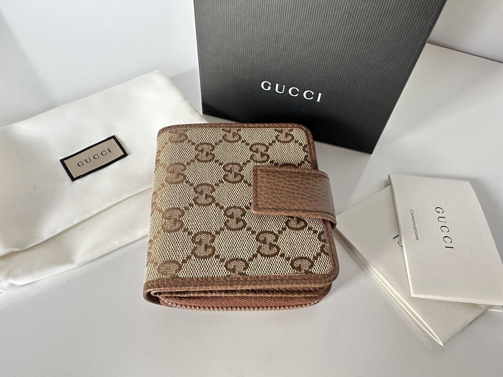 NIB Gucci GG Dollar Leder/Canvas Braunes französisches Portemonnaie mit umlaufendem Reißverschluss 346056 