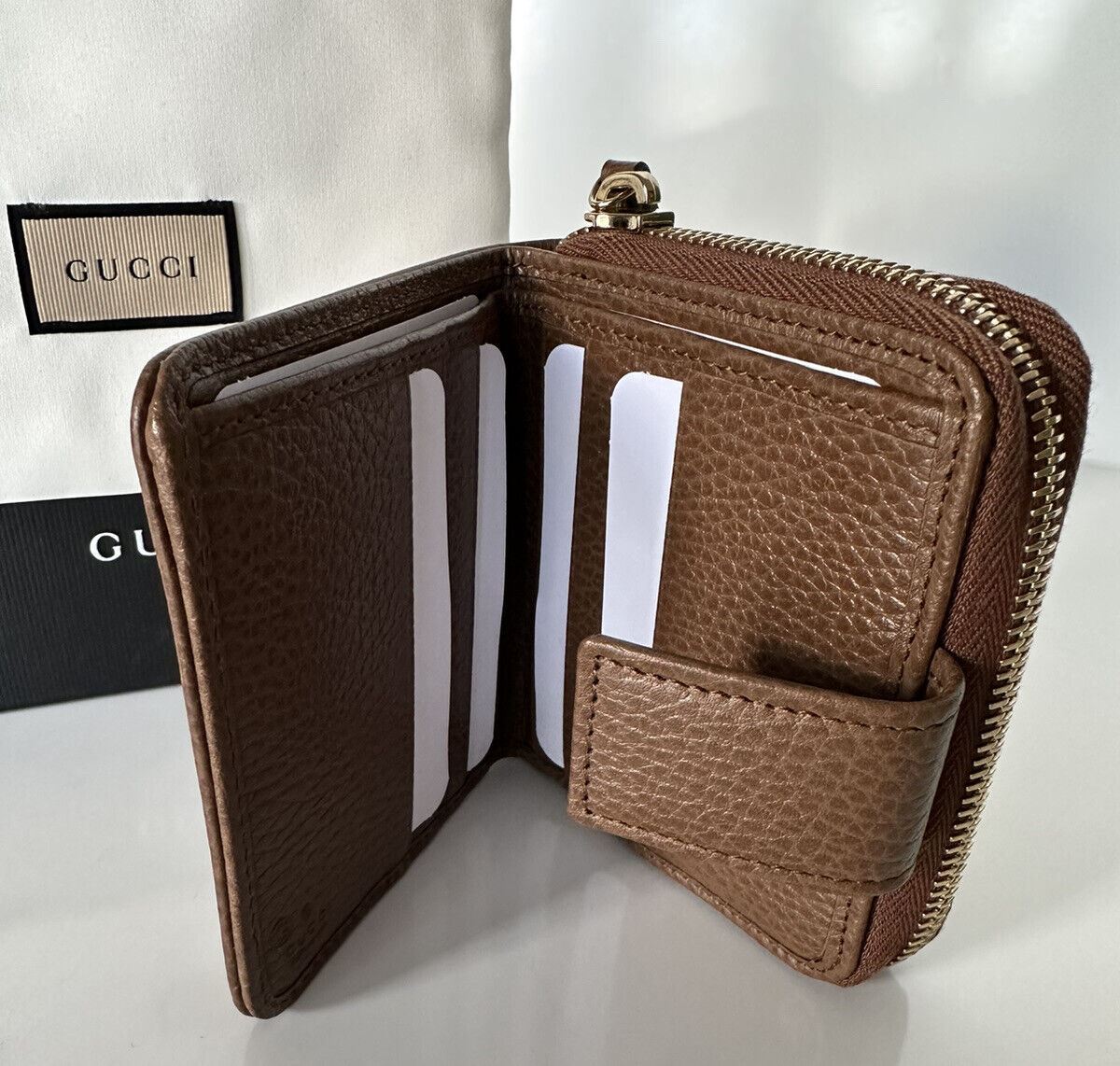 NIB Gucci GG Dollar Кожа/холст Коричневый французский кошелек на молнии с круглой сумкой 346056 