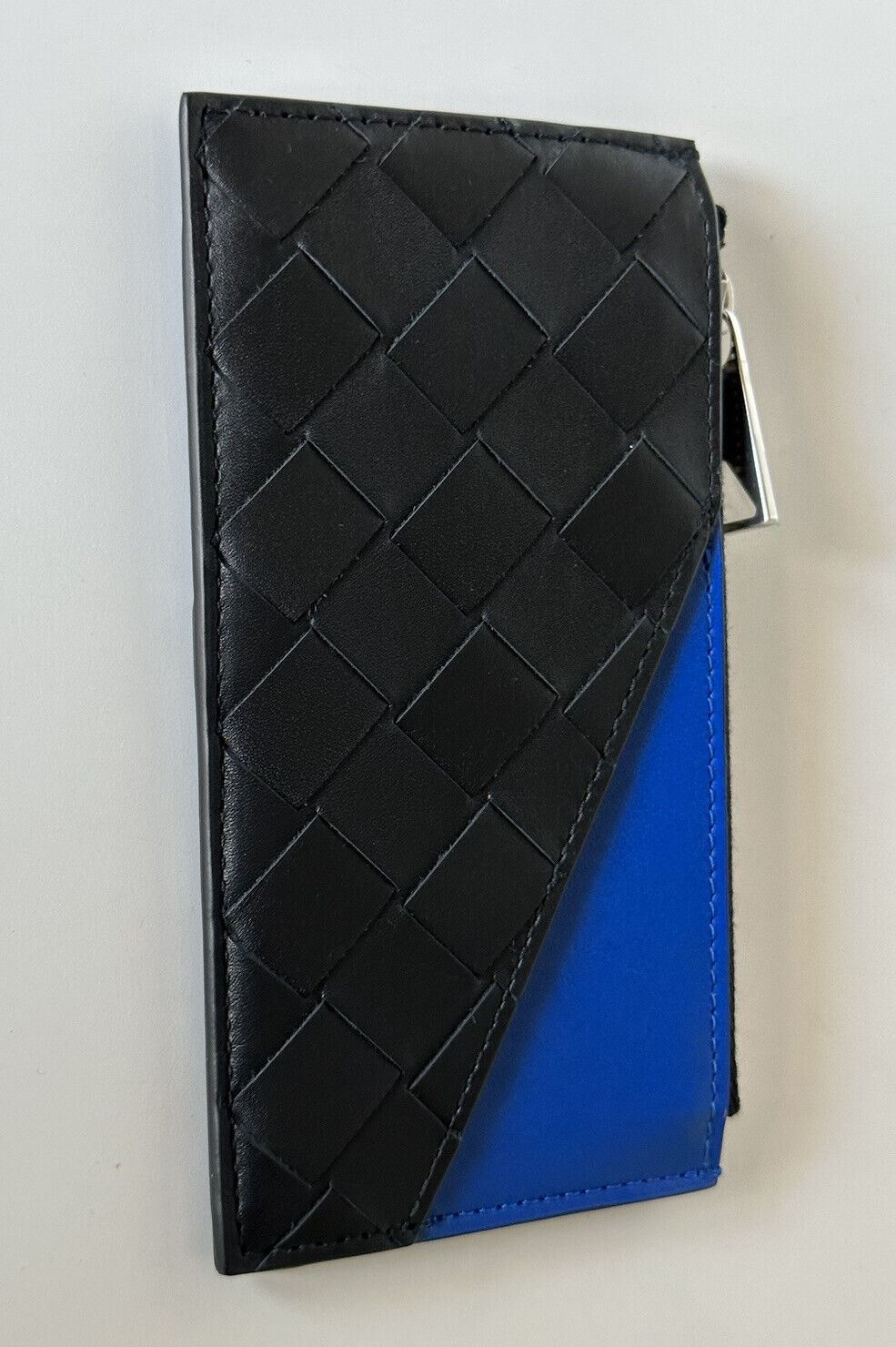 New Bottega Veneta Leather Slim Wallet Intreccio Weave Black/Blue Made in Italy