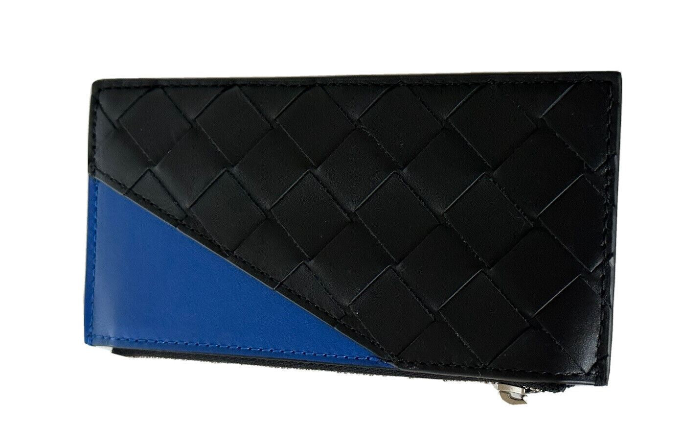 Neue Bottega Veneta Slim-Geldbörse aus Leder mit Intreccio-Webmuster in Schwarz/Blau, hergestellt in Italien