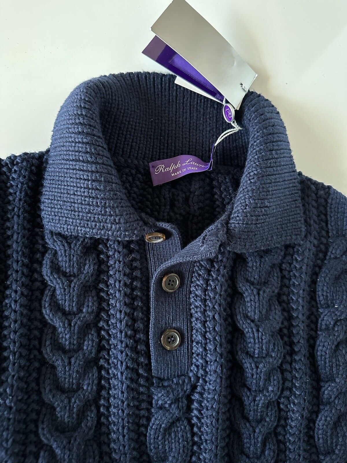 Neu mit Etikett: 1095 $ Ralph Lauren Purple Label Strickpullover aus blauer Baumwolle, M, hergestellt in Italien