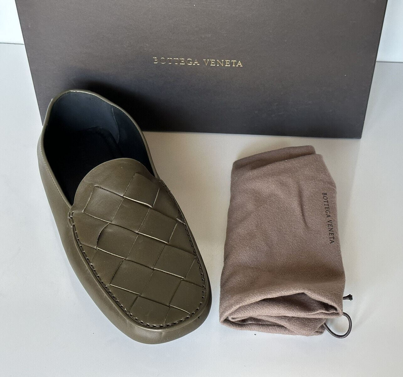 NIB $740 Bottega Veneta Douglas Intrecciato Leder Kaki Schuhe 11 US 608763 IT 