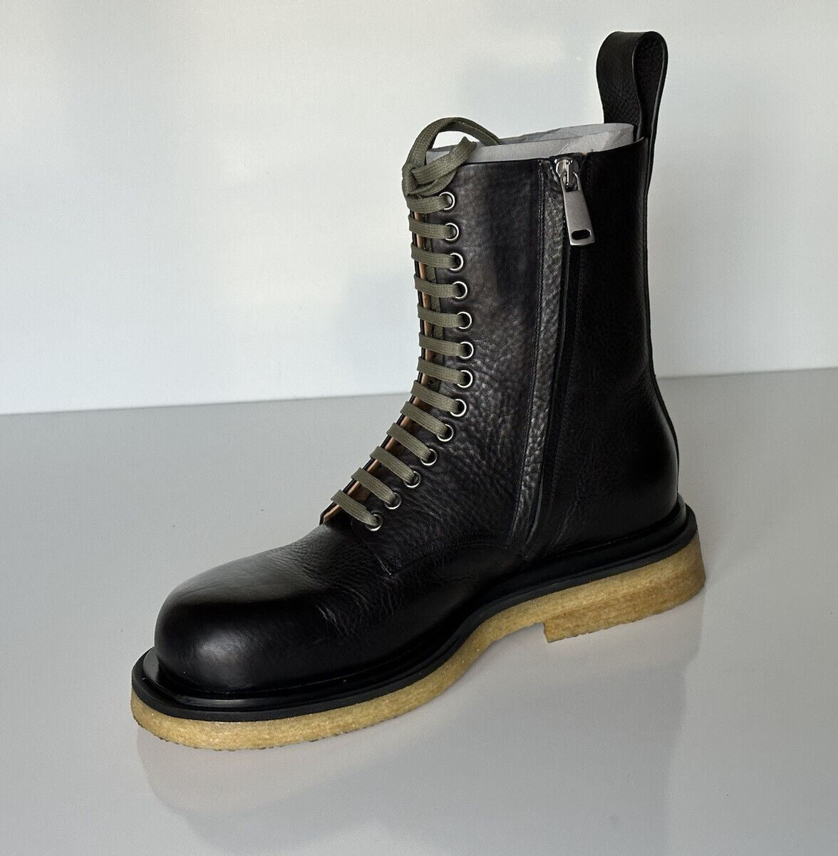 NIB $1450 Bottega Veneta Military Calf Leather Lace up Black Boots 10.5 610338