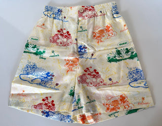 Neu mit Etikett: Gucci Mickey Stories auf Twill, 100 % Seide, elfenbeinfarbene Shorts, Größe 38 (S) 609679