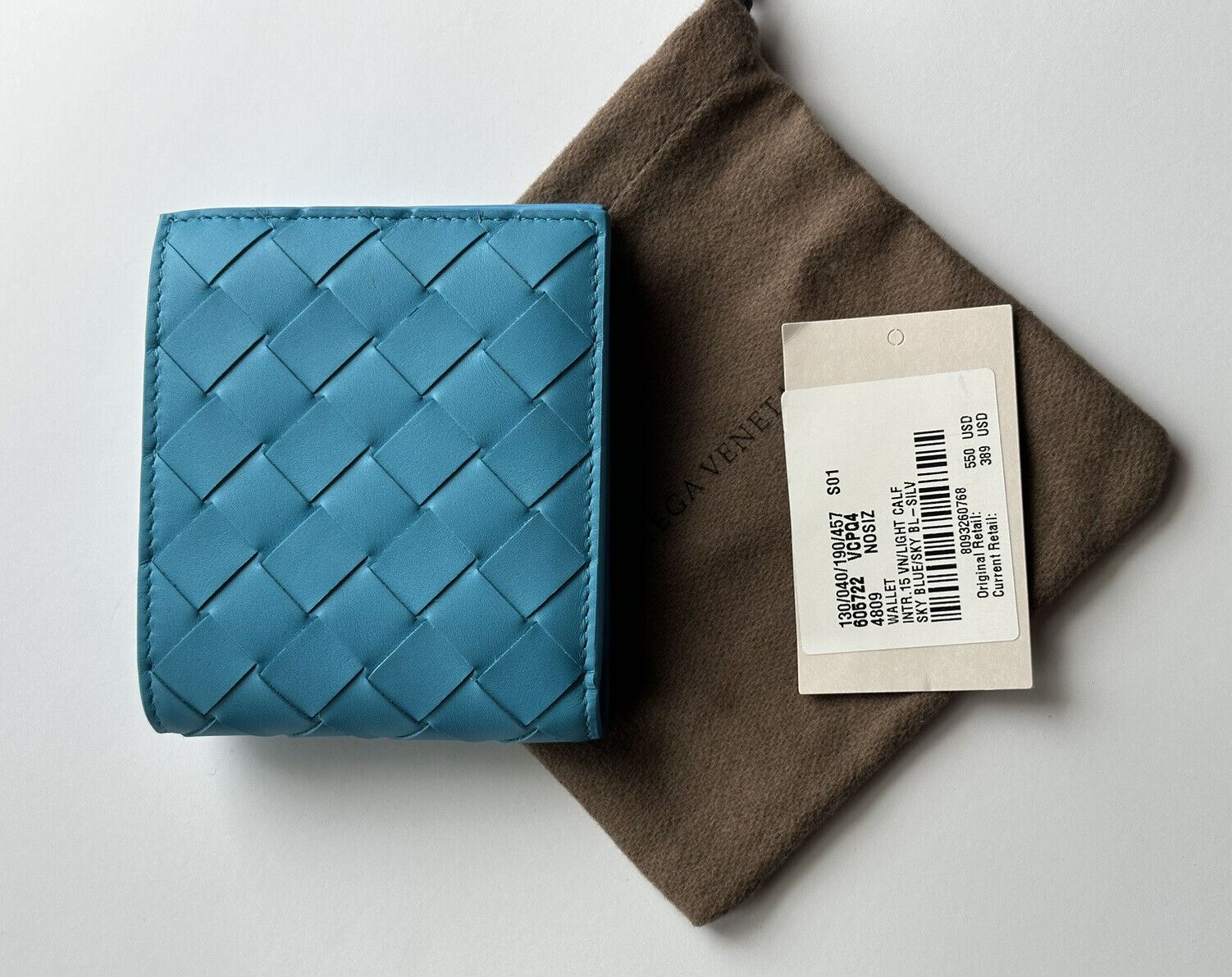 NWT $550 Bottega Veneta Intrecciato Кожаный двойной кошелек для монет небесно-голубого цвета 605722