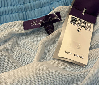 Neu mit Etikett: 295 $ Polo Ralph Lauren Purple Label Blaue Badeshorts für Herren XL Portugal 