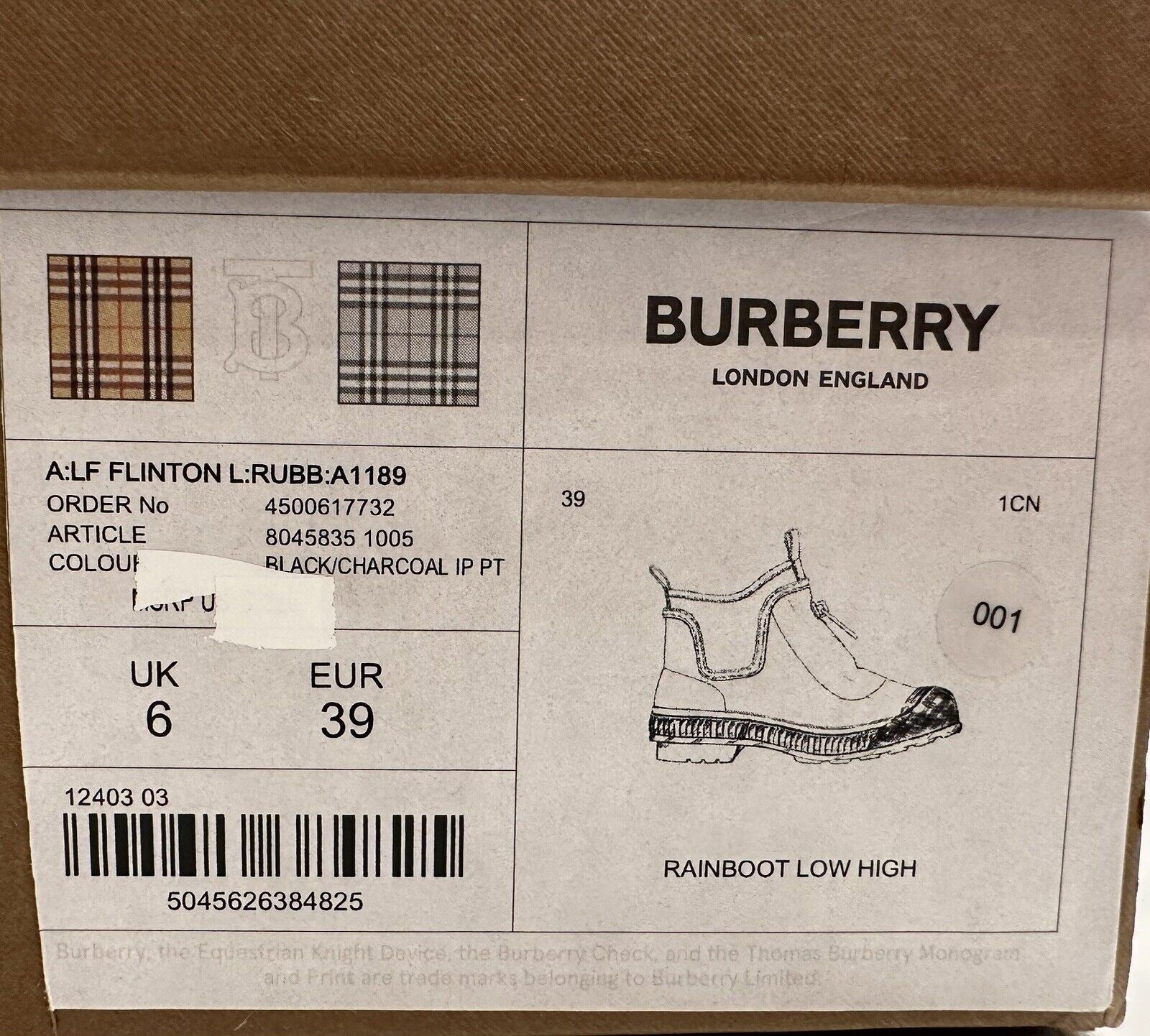 Женские резиновые ботильоны NIB Burberry черного/серого цвета 9 США (39 евро) 8045835 