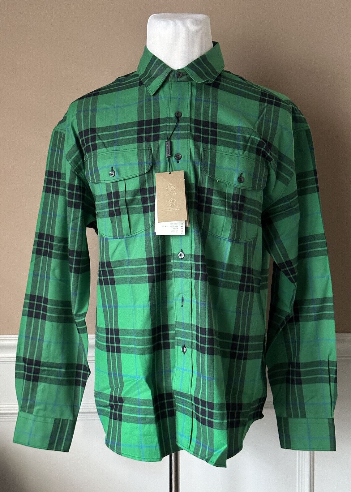 NWT $340 Burberry Men's Neon Green Cotton Button-Up Shirt 2XL 80011131