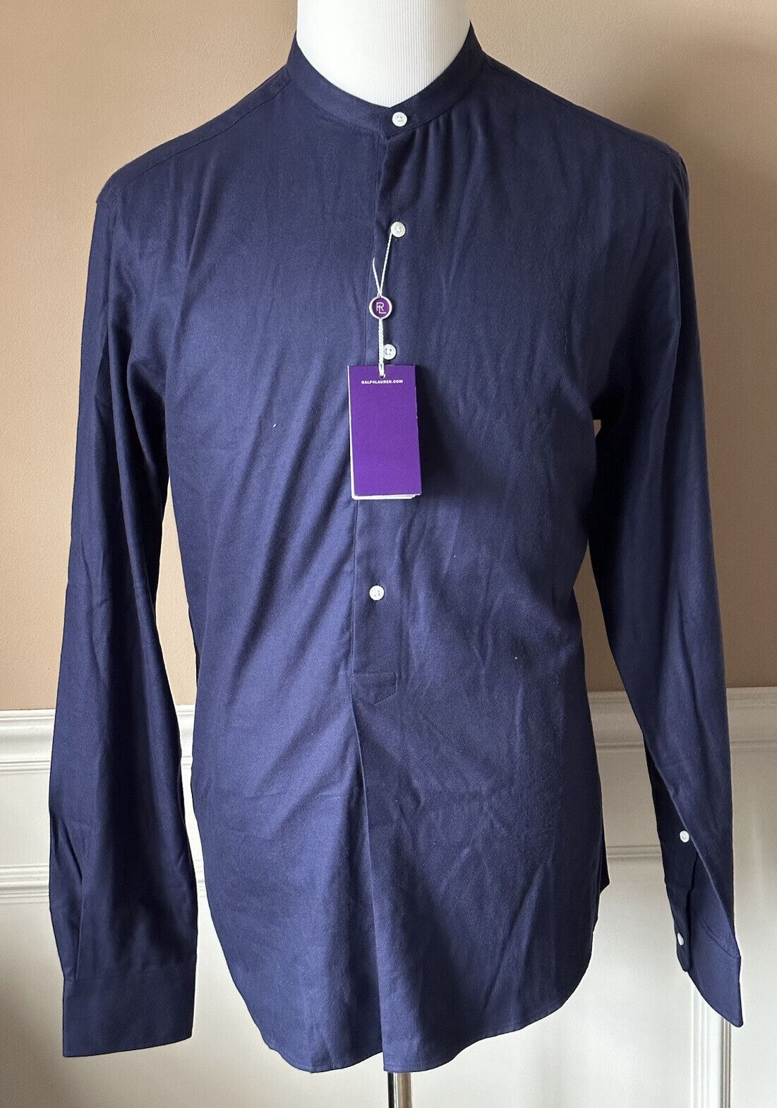 NWT $450 Ralph Lauren Purple Label Navy Long Sleeve Shirt Large Made in Italy