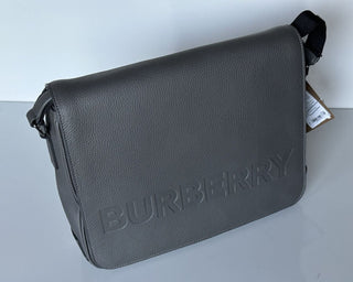 NWT $1350 Burberry Bruno Leather Logo Charcoal Grey Messenger Bag 80528721