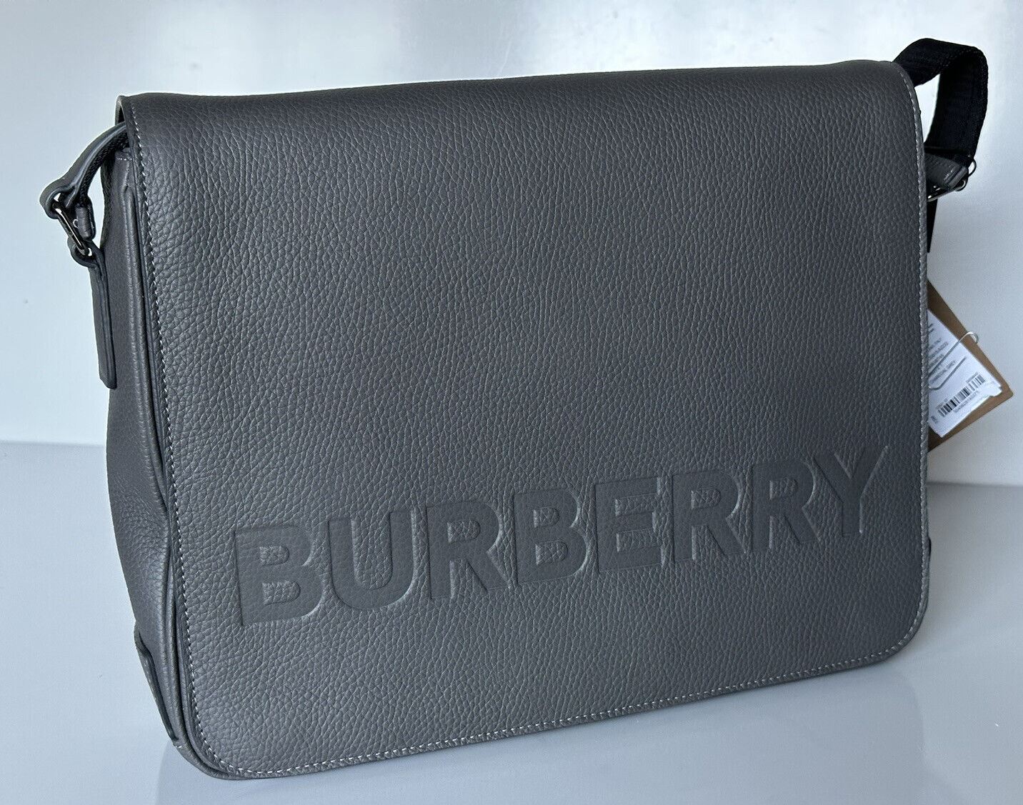 NWT $1350 Burberry Bruno Leather Logo Charcoal Grey Messenger Bag 80528721