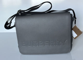 NWT $1350 Burberry Bruno Leather Logo Charcoal Grey Messenger Bag 80528721