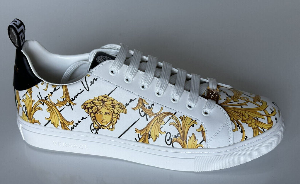 NIB 850 $ VERSACE Sneakers aus weißem Leder mit Barock-Print 10,5 US (43,5 Eu) 1002778 