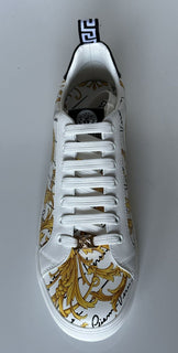 NIB 850 $ VERSACE Sneakers aus weißem Leder mit Barock-Print 10,5 US (43,5 Eu) 1002778 