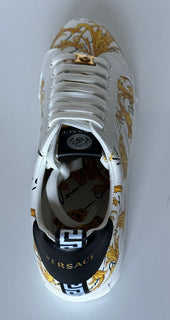 NIB 850 $ VERSACE Sneakers aus weißem Leder mit Barock-Print 10,5 US (43,5 Eu) 1002778 