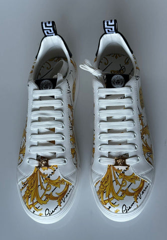 NIB 850 $ VERSACE Sneakers aus weißem Leder mit Barock-Print 10,5 US (43,5 Eu) 1002778 