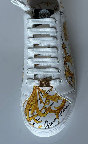 NIB 850 $ VERSACE Sneakers aus weißem Leder mit Barock-Print 10,5 US (43,5 Eu) 1002778 