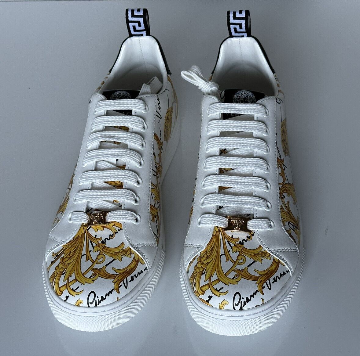 NIB $850 VERSACE Baroque Print White Leather Sneakers 13.5 US (46.5 Eu) 1002778