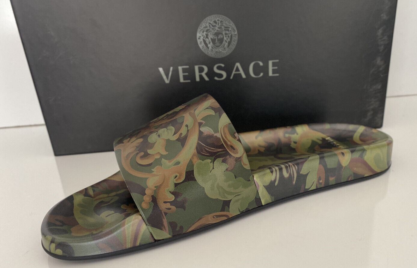 NIB $395 Versace Baroccoflage Slides Sandalen Khaki 8 US (41 Euro) IT DSU6516 