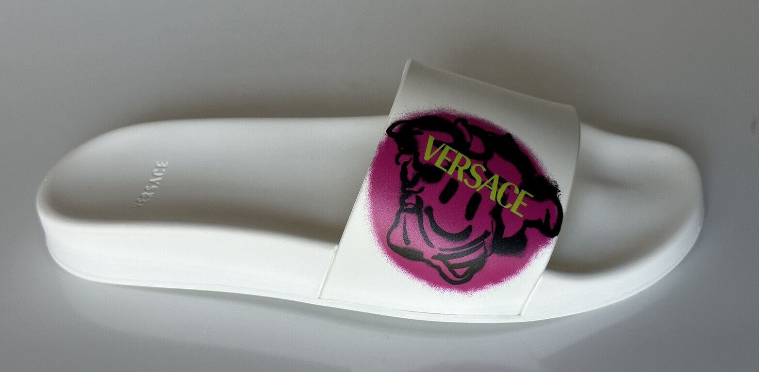 NIB $ 500 Versace Smiley Medusa Slides Sandalen Weiß/Fuxia 7 US DSR609CN Italien 