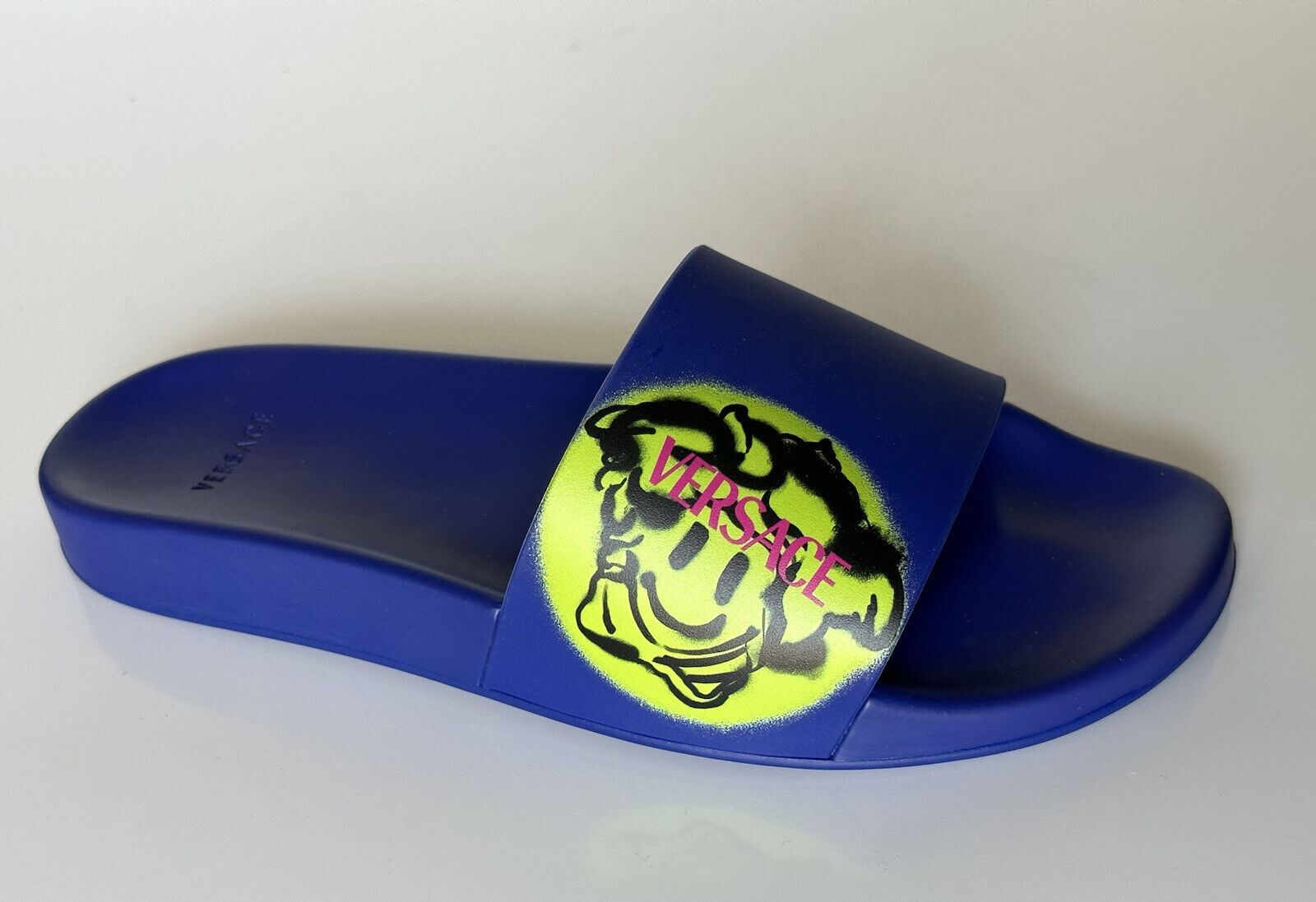 NIB $ 450 Versace Smiley Medusa Slides Sandalen Blau/Limette 10 US (43 Eu) DSU6516 IT 