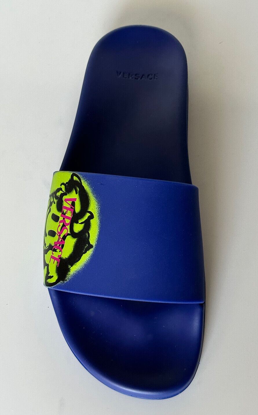 NIB $450 Versace Smiley Medusa Slides Sandals Blue/Lime 10 US (43 Eu) DSU6516 IT