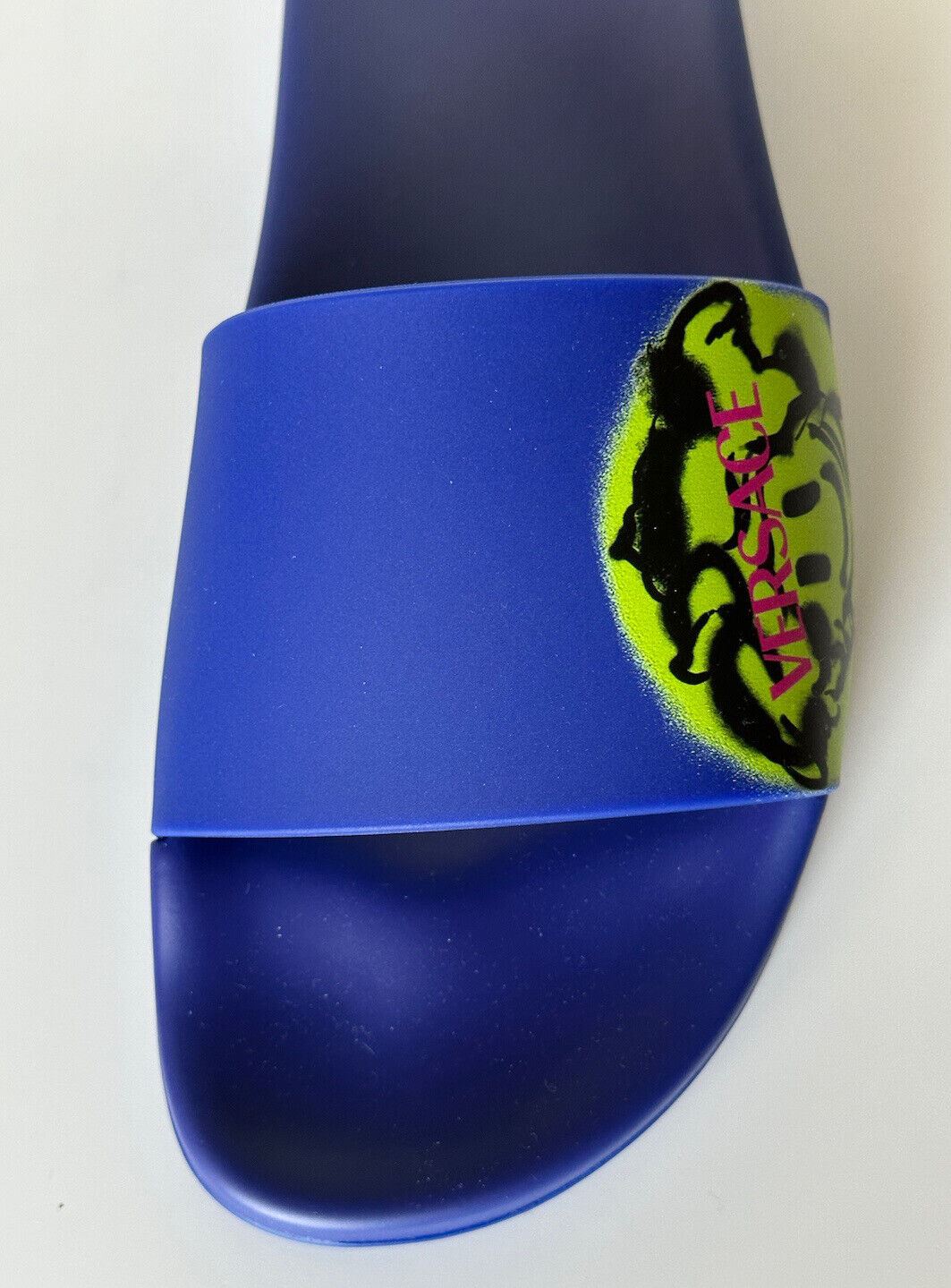 NIB $ 450 Versace Smiley Medusa Slides Sandalen Blau/Limette 11 US (44 Eu) DSU6516 IT 