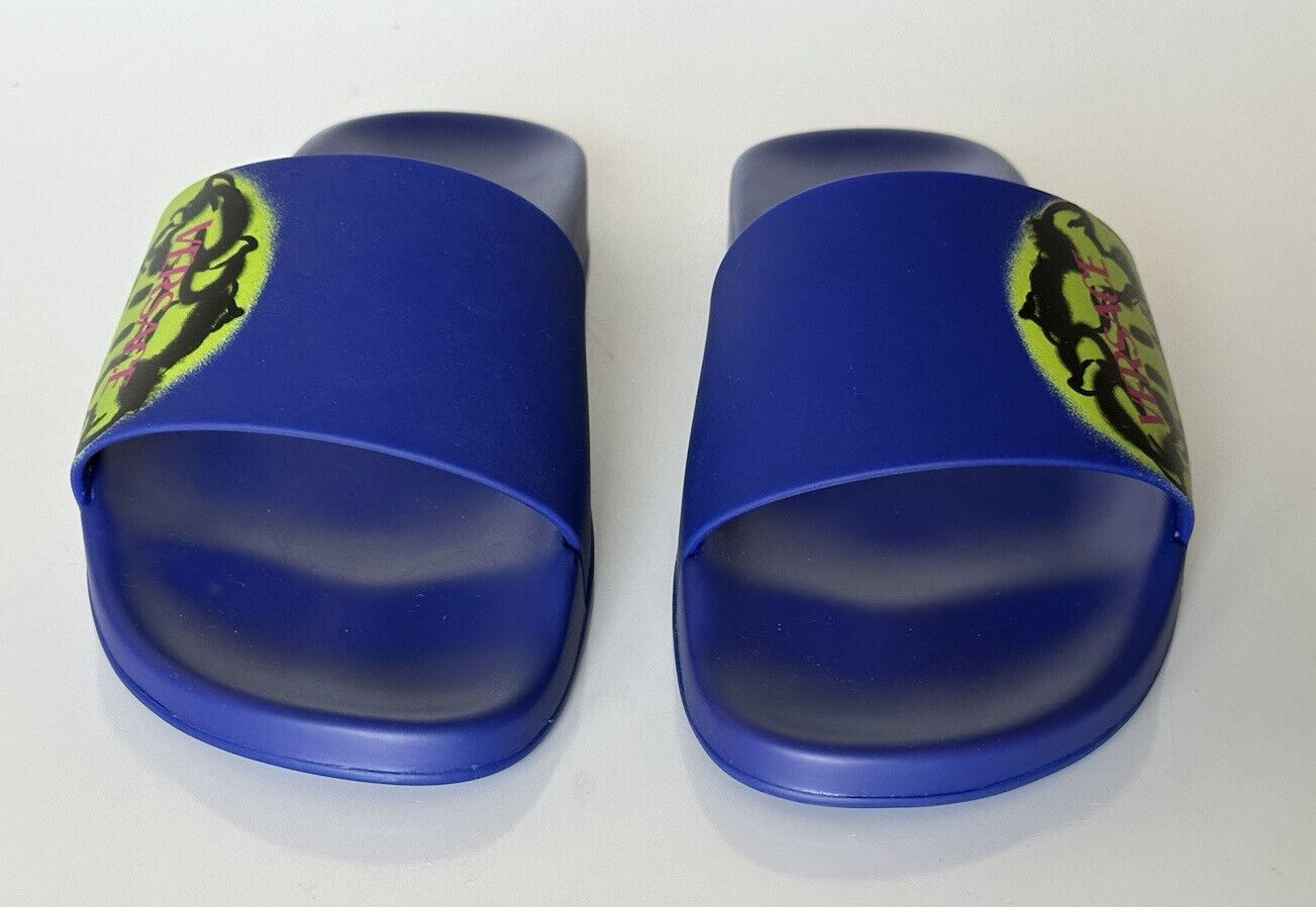 NIB $ 450 Versace Smiley Medusa Slides Sandalen Blau/Limette 12 US (45 Eu) DSU6516 IT 