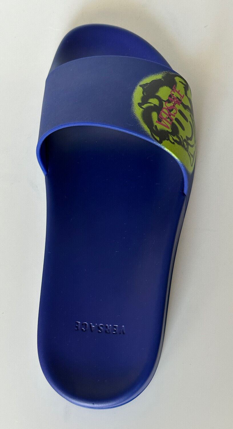 NIB $ 450 Versace Smiley Medusa Slides Sandalen Blau/Limette 12 US (45 Eu) DSU6516 IT 