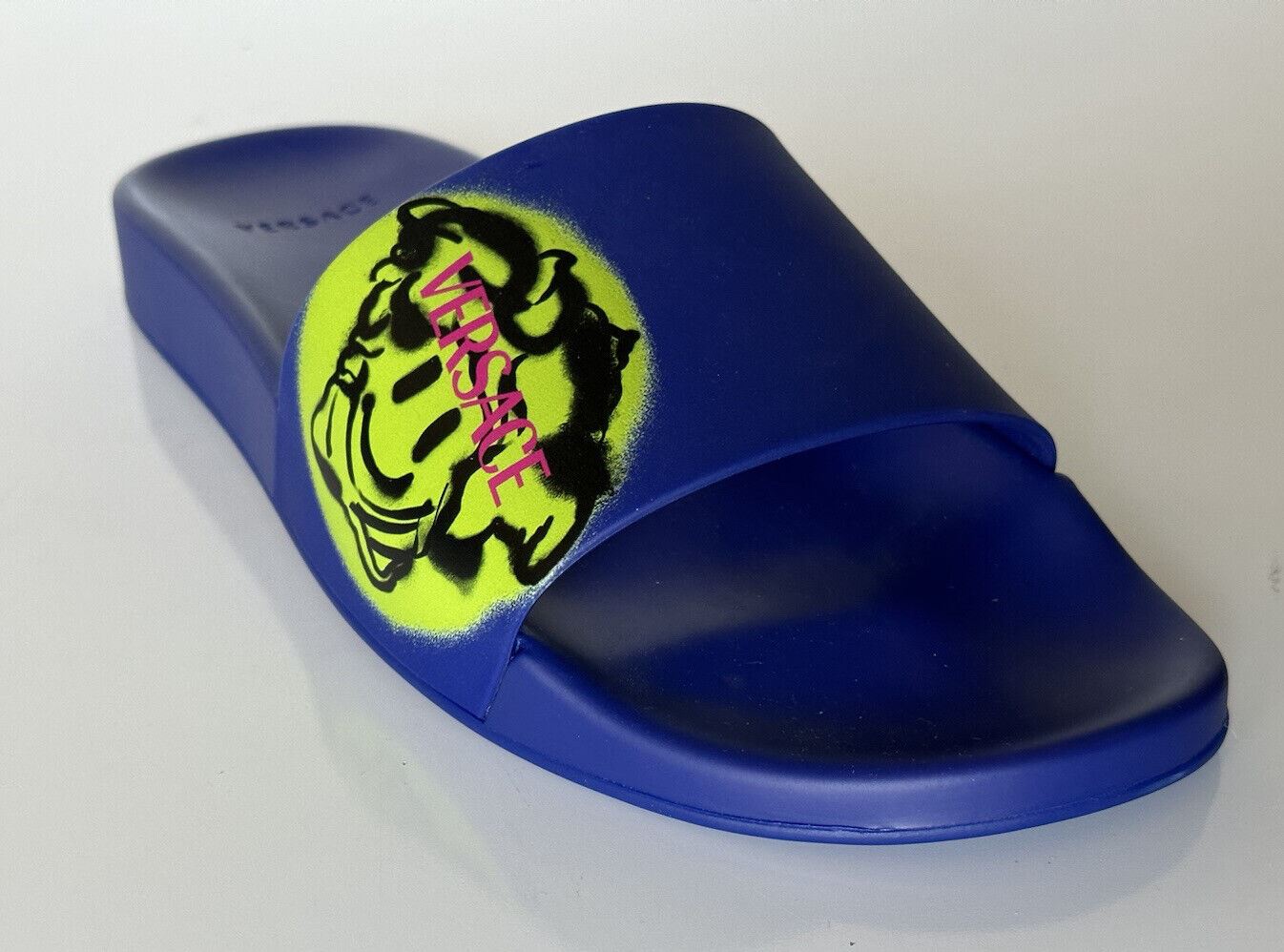 NIB $ 450 Versace Smiley Medusa Slides Sandalen Blau/Limette 13 US (46 Eu) DSU6516 IT 