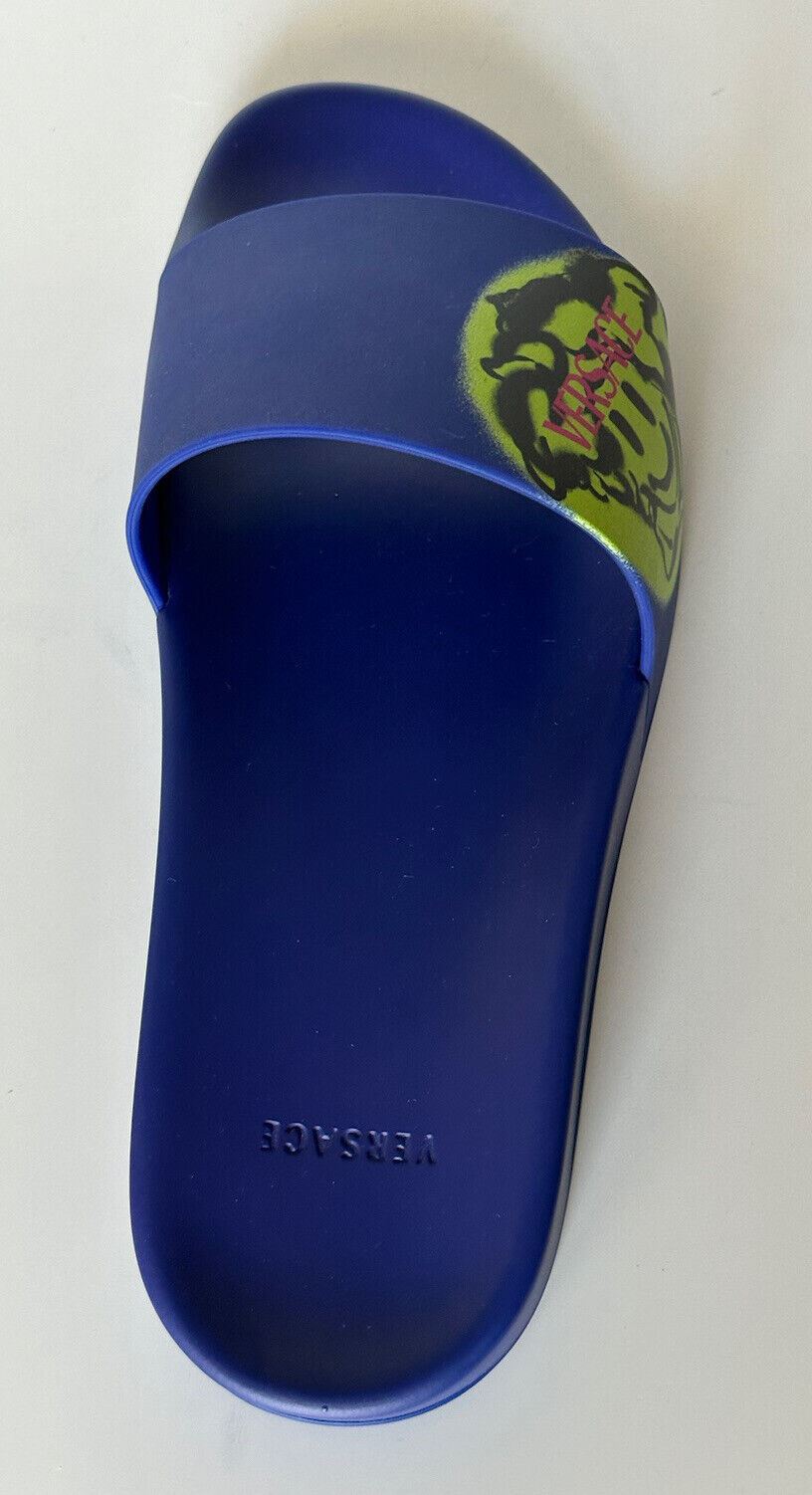 NIB $450 Versace Smiley Medusa Slides Sandals Blue/Lime 13 US (46 Eu) DSU6516 IT